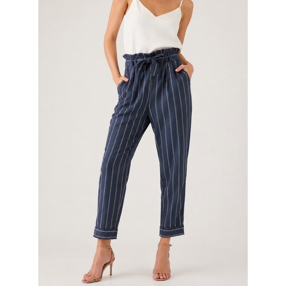 Banana Republic Avery Paperbag Waist Stripe Pants Womens 4 Linen Blend Tie Waist